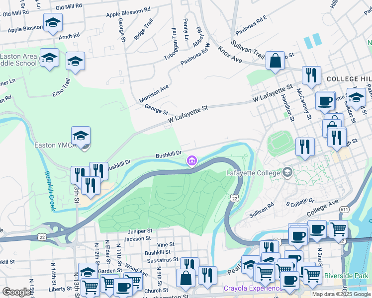 map of restaurants, bars, coffee shops, grocery stores, and more near 1071 Bushkill Drive in Easton