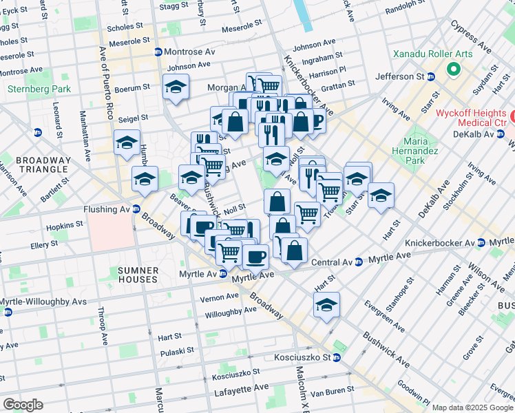 map of restaurants, bars, coffee shops, grocery stores, and more near 54 Noll Street in Brooklyn