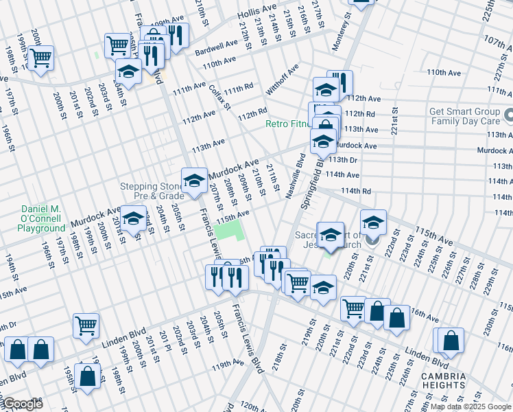 map of restaurants, bars, coffee shops, grocery stores, and more near 114-52 210th Street in Queens