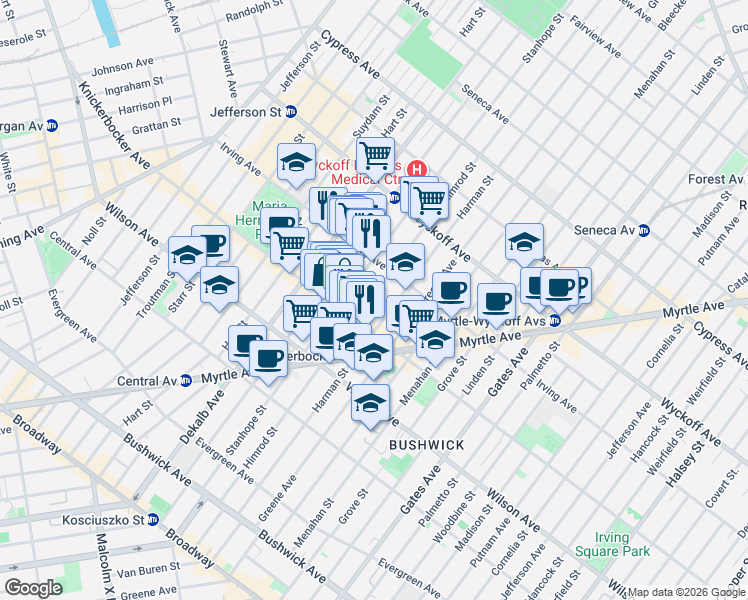 map of restaurants, bars, coffee shops, grocery stores, and more near 234B Stanhope Street in Brooklyn