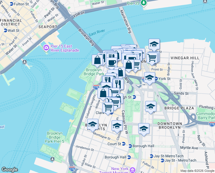 map of restaurants, bars, coffee shops, grocery stores, and more near 32 Middagh Street in Brooklyn