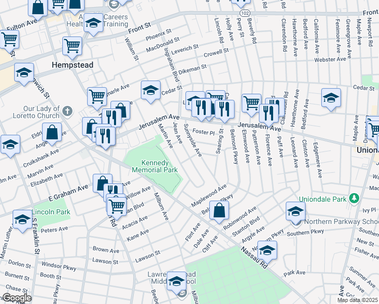 map of restaurants, bars, coffee shops, grocery stores, and more near 67 Jean Avenue in Hempstead