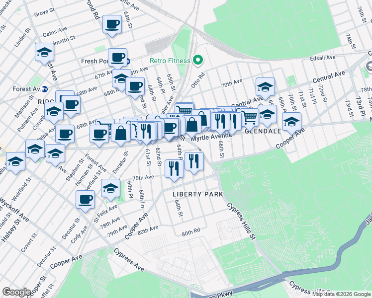 map of restaurants, bars, coffee shops, grocery stores, and more near 64 Myrtle Avenue in Queens