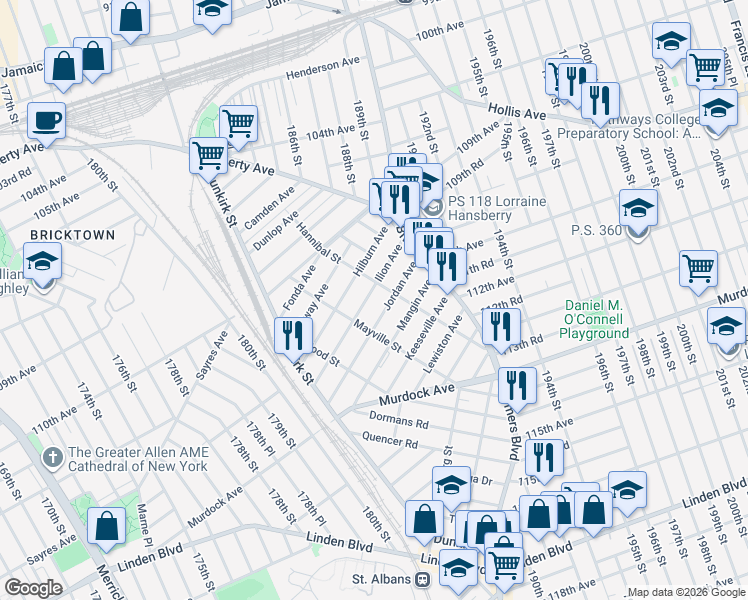 map of restaurants, bars, coffee shops, grocery stores, and more near 188-03 Jordan Avenue in Queens