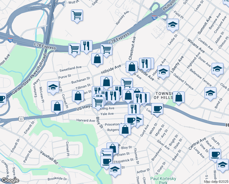 map of restaurants, bars, coffee shops, grocery stores, and more near 470 Mundet Place in Hillside