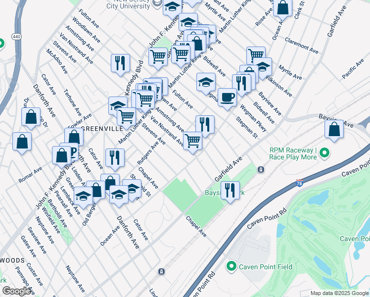 map of restaurants, bars, coffee shops, grocery stores, and more near 93 Armstrong Avenue in Jersey City