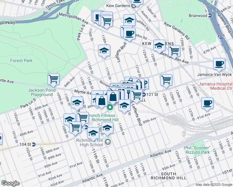map of restaurants, bars, coffee shops, grocery stores, and more near 85-60 118th Street in Queens