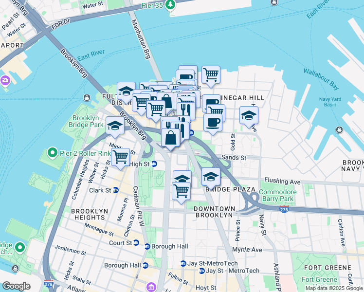 map of restaurants, bars, coffee shops, grocery stores, and more near 137 Pearl Street in Brooklyn