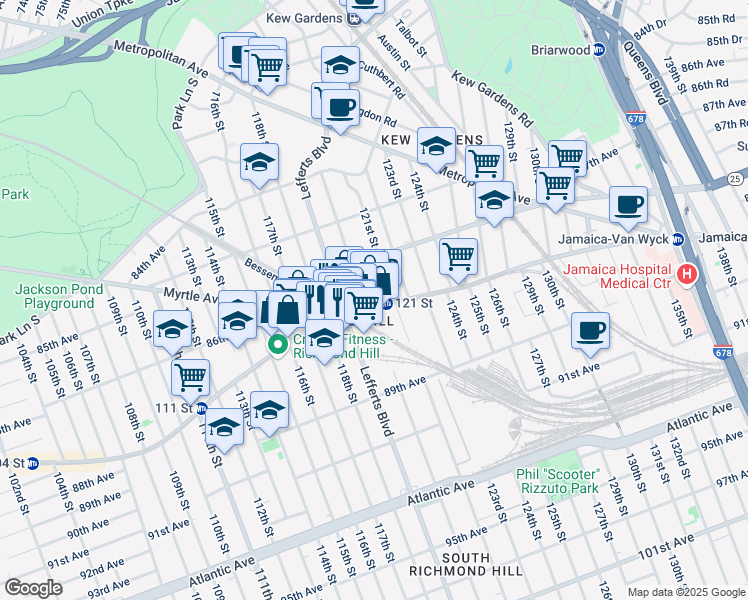 map of restaurants, bars, coffee shops, grocery stores, and more near 86-21 120th Street in Queens