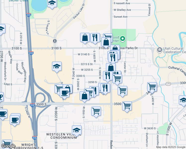 map of restaurants, bars, coffee shops, grocery stores, and more near 1876 West 3300 South in West Valley City