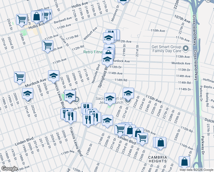 map of restaurants, bars, coffee shops, grocery stores, and more near 115-01 217th Street in Queens