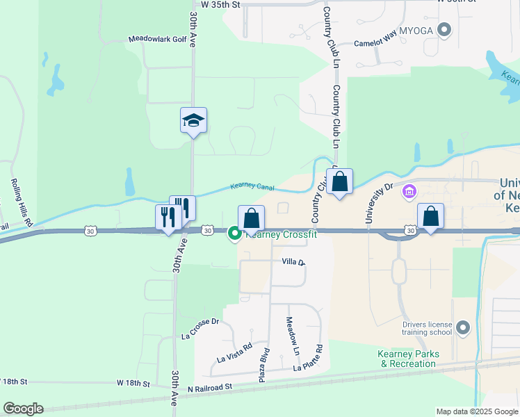 map of restaurants, bars, coffee shops, grocery stores, and more near The Links Trail in Kearney