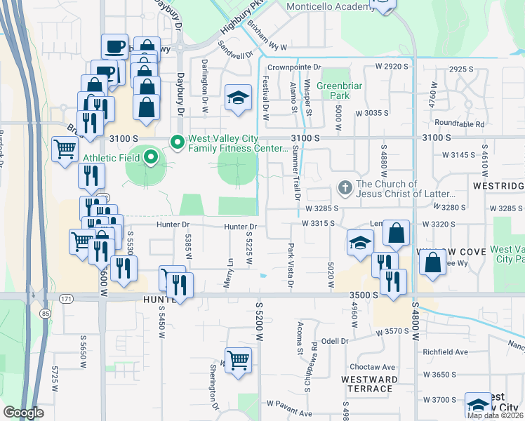map of restaurants, bars, coffee shops, grocery stores, and more near 3290 Park Springs Drive in West Valley City