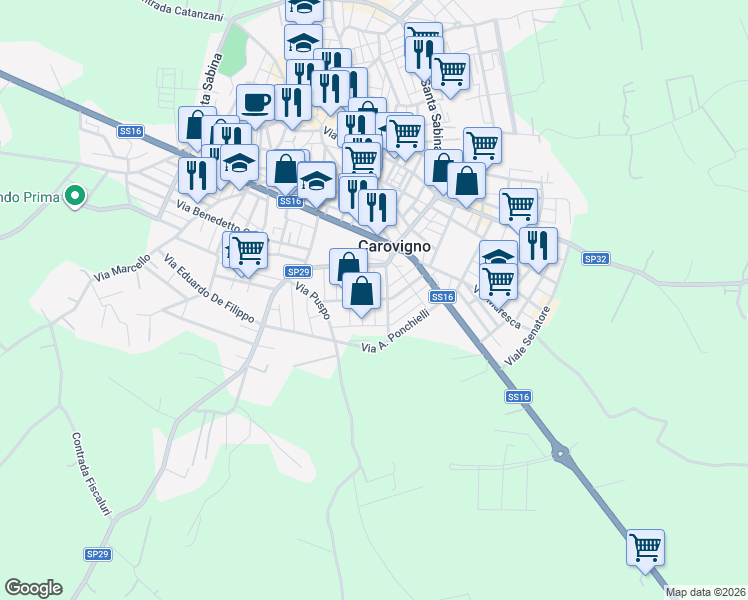 map of restaurants, bars, coffee shops, grocery stores, and more near 21 Via Saverio Mercadante in Carovigno