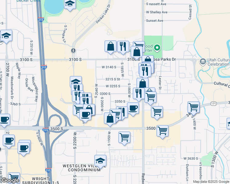 map of restaurants, bars, coffee shops, grocery stores, and more near 1912 West 3300 South in West Valley City