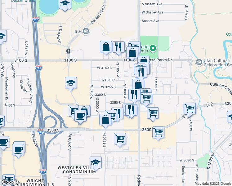 map of restaurants, bars, coffee shops, grocery stores, and more near 1863 West 3255 South in West Valley City