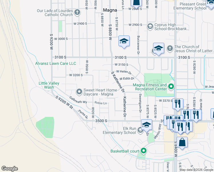 map of restaurants, bars, coffee shops, grocery stores, and more near 8843 West Julia Lane in Magna