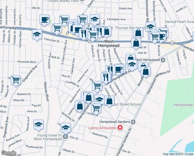 map of restaurants, bars, coffee shops, grocery stores, and more near 144 Spruce Street in West Hempstead