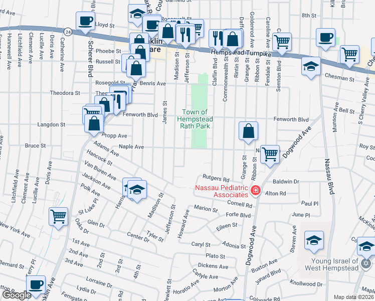 map of restaurants, bars, coffee shops, grocery stores, and more near 251 Jefferson Street in Franklin Square