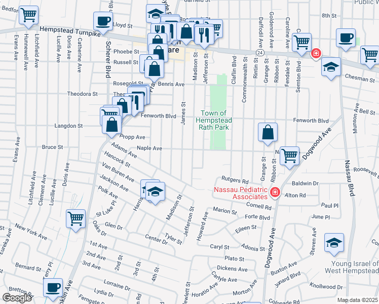 map of restaurants, bars, coffee shops, grocery stores, and more near 258 Madison Street in Franklin Square