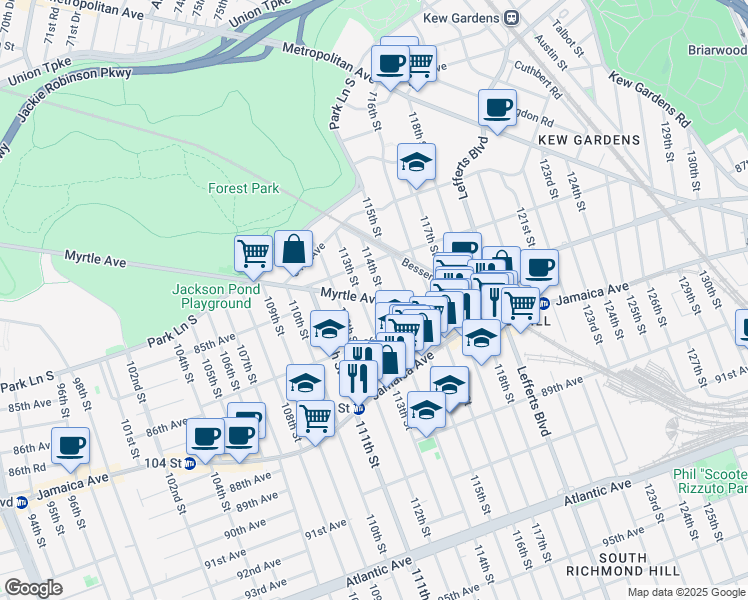 map of restaurants, bars, coffee shops, grocery stores, and more near 85-25 114th Street in Queens