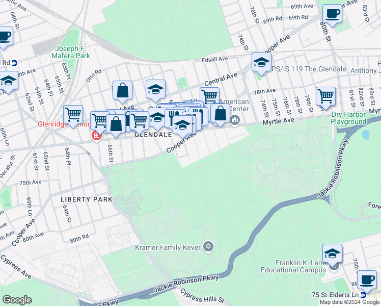 map of restaurants, bars, coffee shops, grocery stores, and more near 73-20 70th Street in Queens