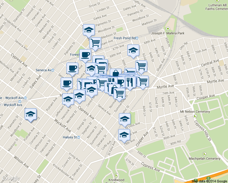 map of restaurants, bars, coffee shops, grocery stores, and more near 59-21 71st Avenue in Queens