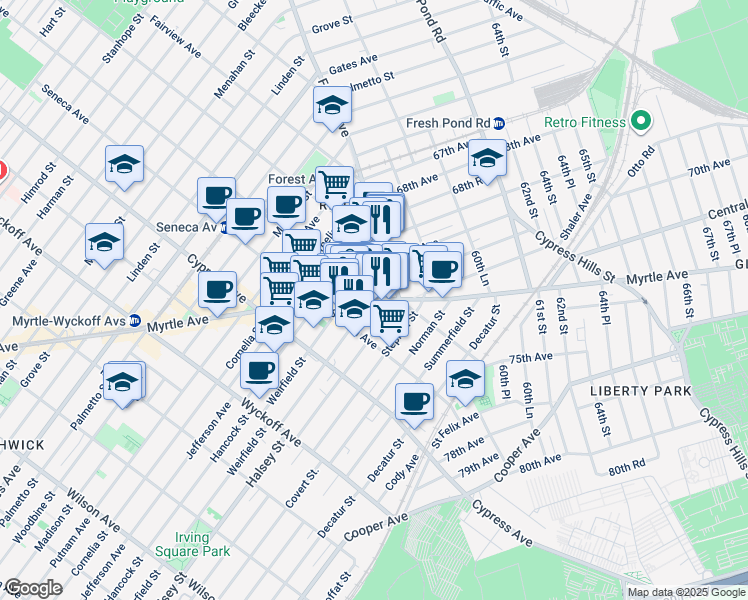 map of restaurants, bars, coffee shops, grocery stores, and more near 927 Onderdonk Avenue in Queens