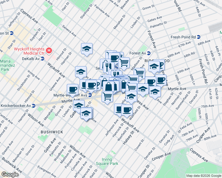 map of restaurants, bars, coffee shops, grocery stores, and more near 1684 Woodbine Street in Queens