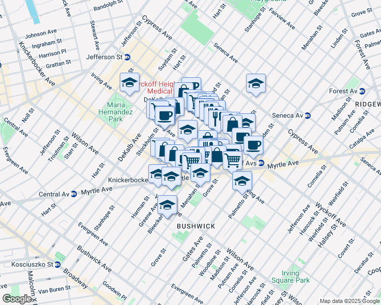 map of restaurants, bars, coffee shops, grocery stores, and more near 1395 Greene Avenue in Brooklyn