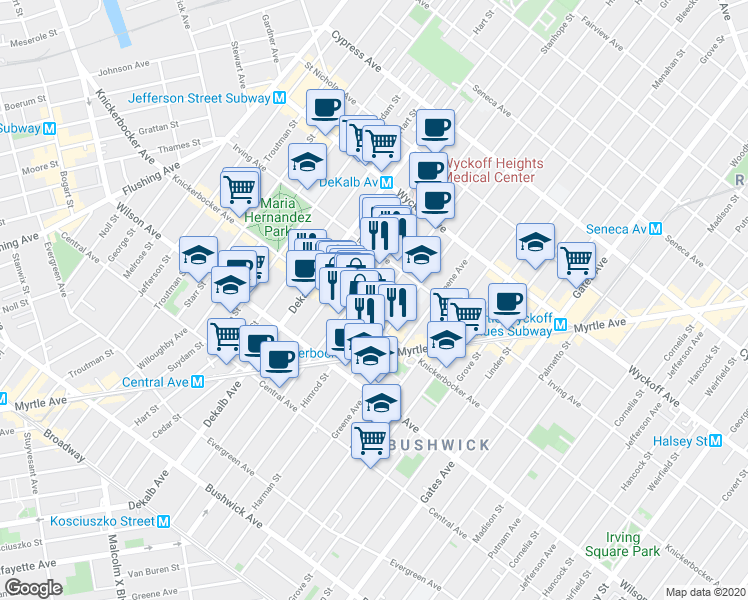 map of restaurants, bars, coffee shops, grocery stores, and more near 234B Stanhope Street in Brooklyn