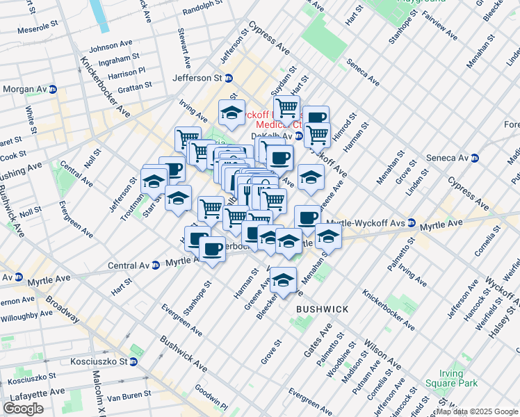 map of restaurants, bars, coffee shops, grocery stores, and more near 355 Knickerbocker Avenue in Brooklyn