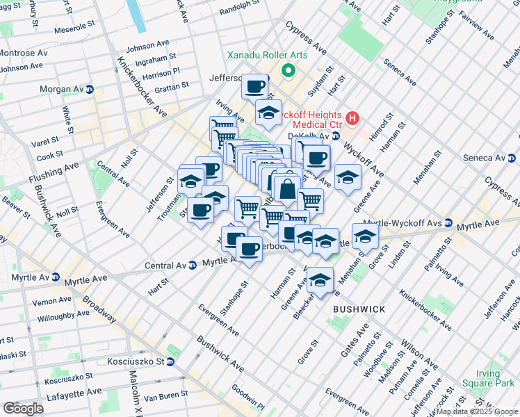 map of restaurants, bars, coffee shops, grocery stores, and more near 342 Knickerbocker Avenue in Brooklyn