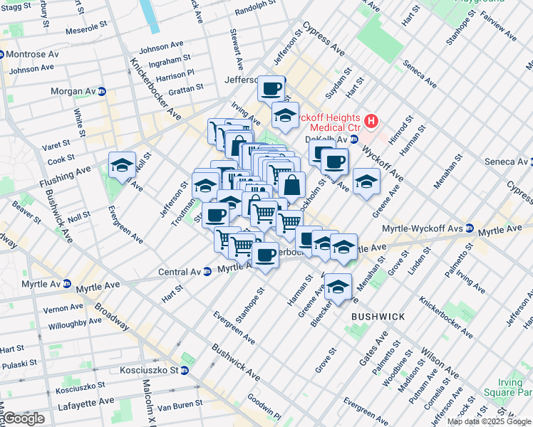 map of restaurants, bars, coffee shops, grocery stores, and more near 228 Suydam Street in Brooklyn