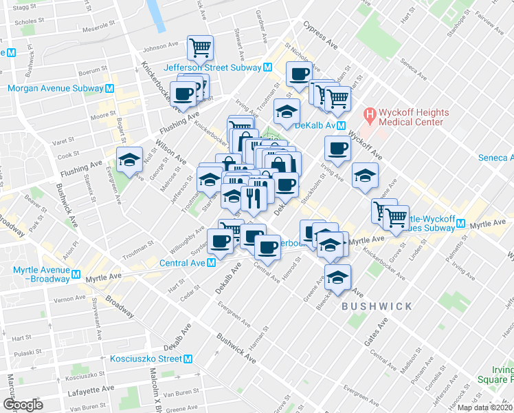 map of restaurants, bars, coffee shops, grocery stores, and more near 228 Suydam Street in Brooklyn