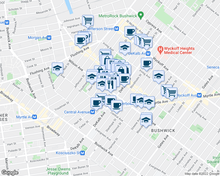 map of restaurants, bars, coffee shops, grocery stores, and more near 228 Suydam Street in Brooklyn