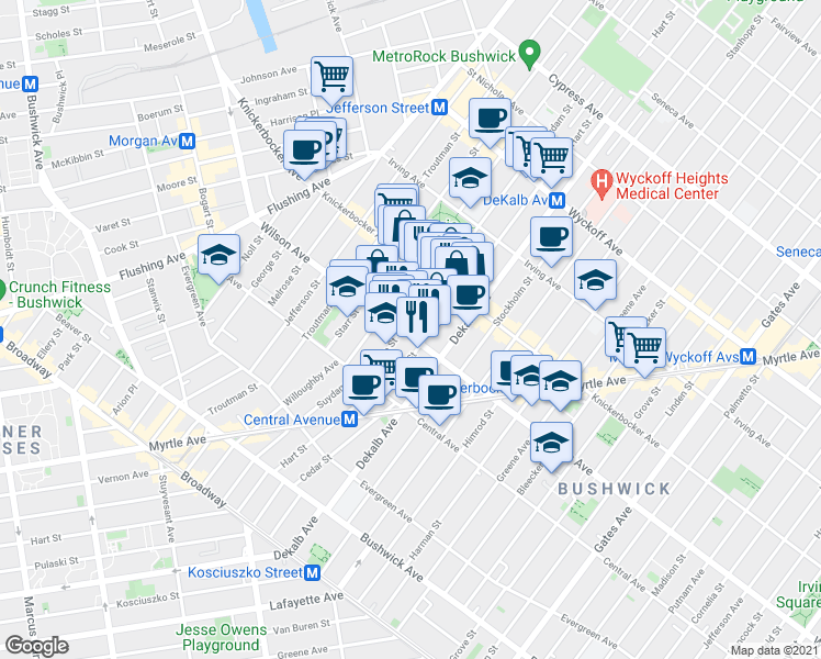 map of restaurants, bars, coffee shops, grocery stores, and more near 228 Suydam Street in Brooklyn