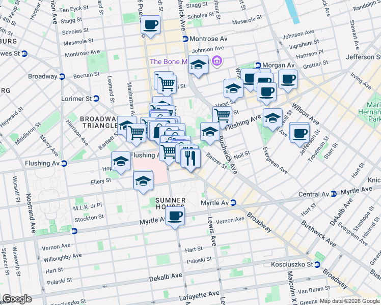 map of restaurants, bars, coffee shops, grocery stores, and more near 39 Fayette Street in Brooklyn
