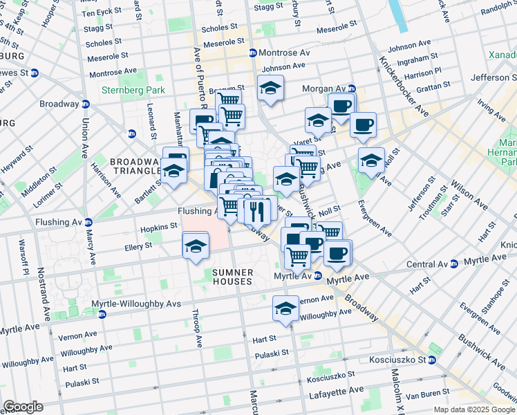 map of restaurants, bars, coffee shops, grocery stores, and more near 39 Fayette Street in Brooklyn