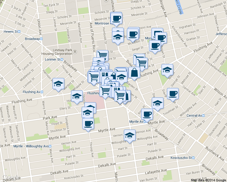 map of restaurants, bars, coffee shops, grocery stores, and more near 39 Fayette Street in Brooklyn