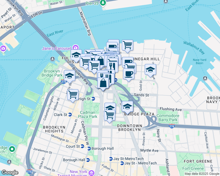 map of restaurants, bars, coffee shops, grocery stores, and more near 55 Prospect Street in Brooklyn