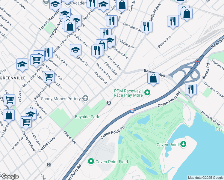 map of restaurants, bars, coffee shops, grocery stores, and more near in Jersey City
