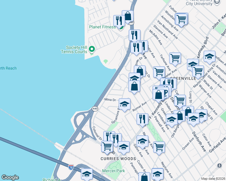 map of restaurants, bars, coffee shops, grocery stores, and more near 79 Riverview Road in Jersey City