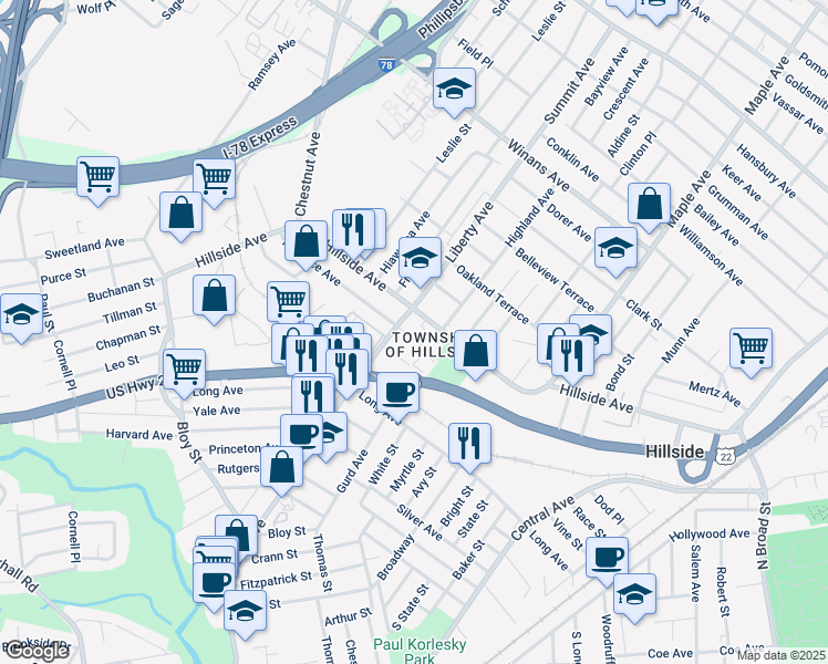 map of restaurants, bars, coffee shops, grocery stores, and more near 276 Hillside Avenue in Hillside