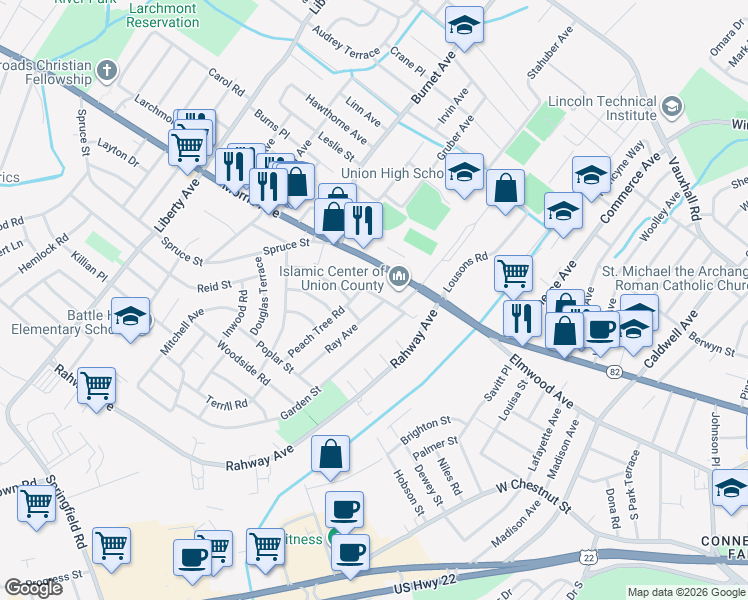map of restaurants, bars, coffee shops, grocery stores, and more near 2427 Steuben Street in Union