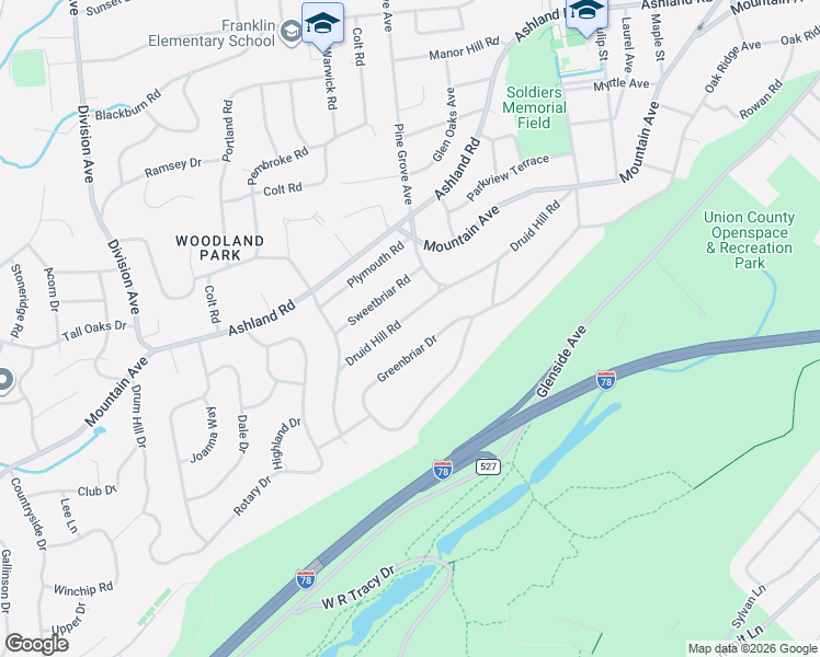 map of restaurants, bars, coffee shops, grocery stores, and more near 73 Druid Hill Road in Summit