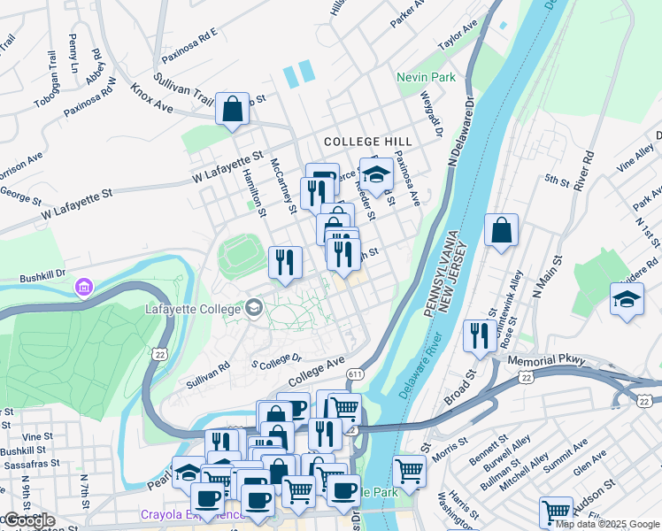 map of restaurants, bars, coffee shops, grocery stores, and more near 333 McCartney Street in Easton