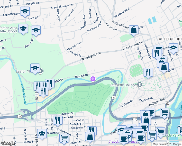 map of restaurants, bars, coffee shops, grocery stores, and more near 1071 Bushkill Drive in Easton