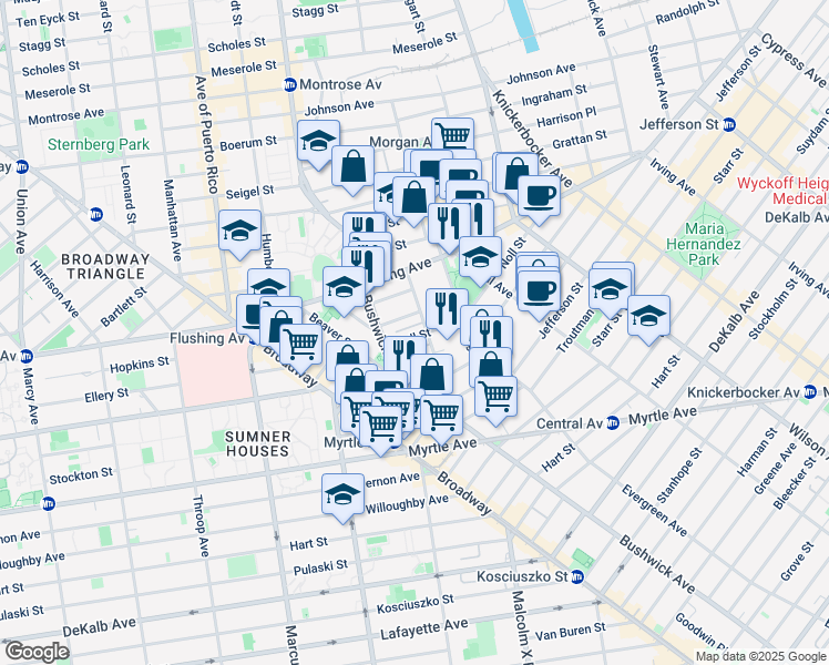 map of restaurants, bars, coffee shops, grocery stores, and more near 31 Noll Street in Brooklyn