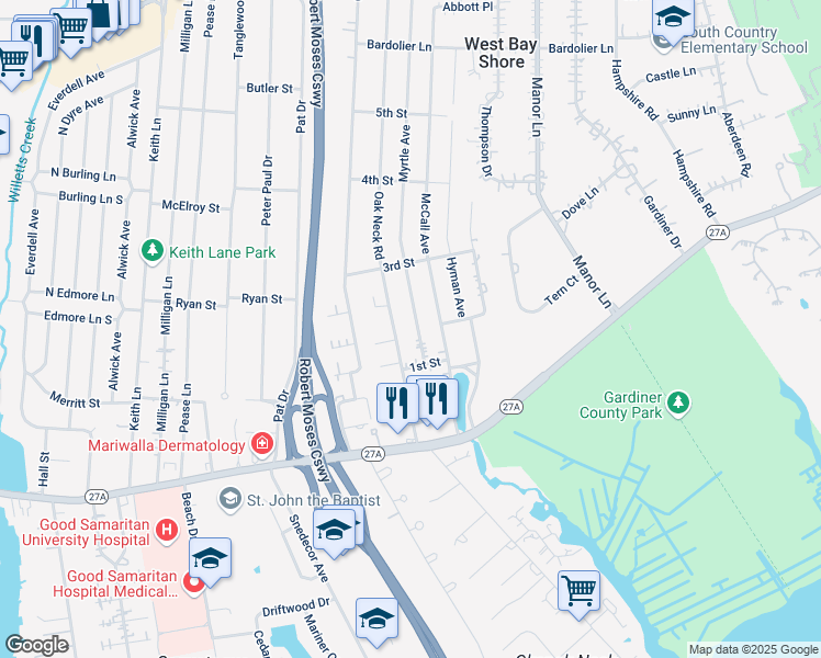 map of restaurants, bars, coffee shops, grocery stores, and more near 204 Oak Neck Road in West Islip